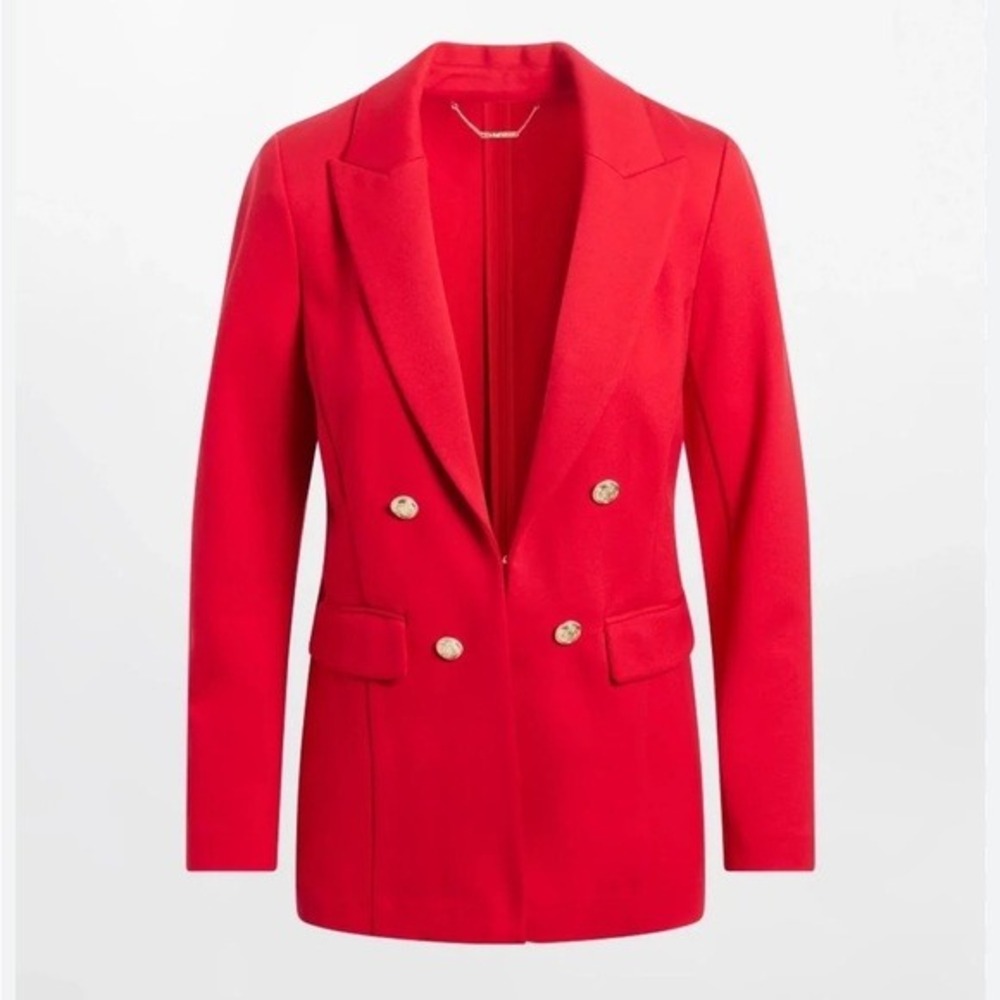 Chico's Blazer Women 12 Red‎ Double Breasted Gold Button Ponte Jacket